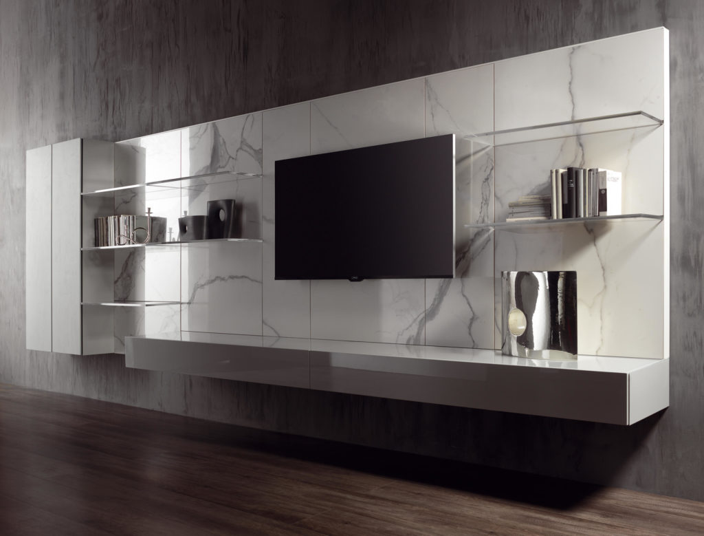 Tv группа 3,5m, тумбы подвесные – MDF глянец серый + подвесной шкаф MDF soft touch white satine.Задняя стенка – мрамор 20mm.Полки – стекло 10 mm opti - white.